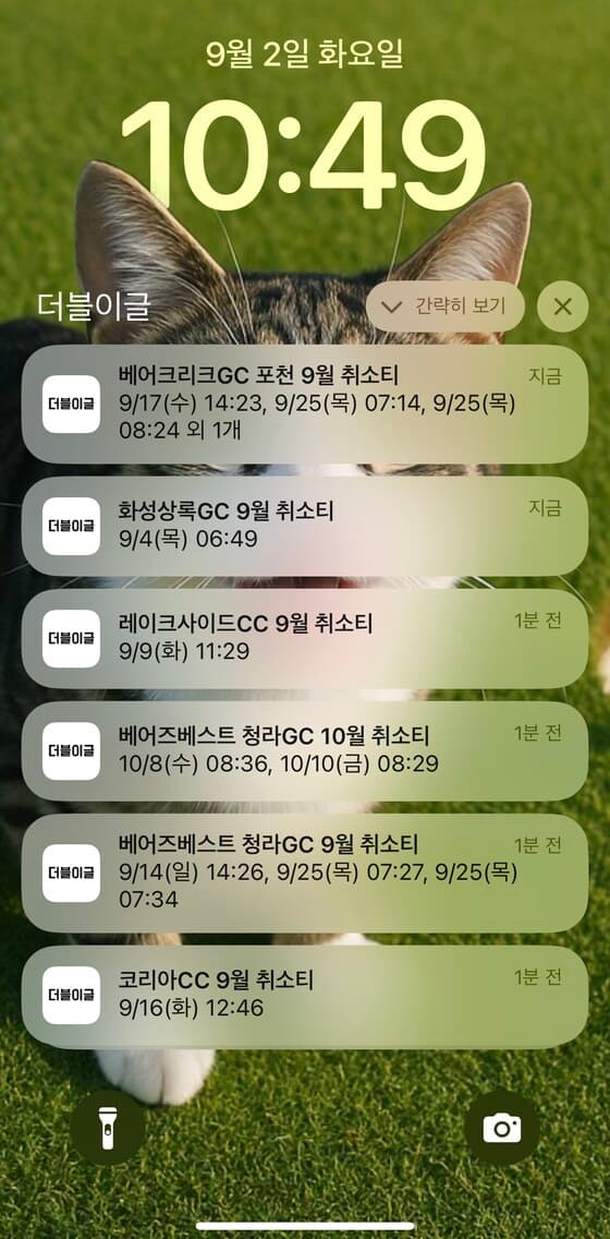 더블이글 취소티 알림 푸시가 잠금화면에 도착한 모습: 골프장별 취소 티타임 날짜와 시간이 알림으로 표시된다