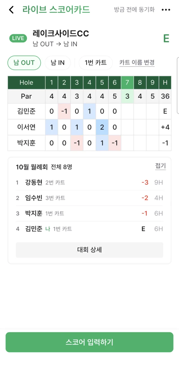 1번 카트의 라이브 스코어카드 화면